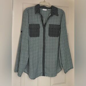 New York & Company Mint Green Blouse with Black Polka-Dots / Size Large